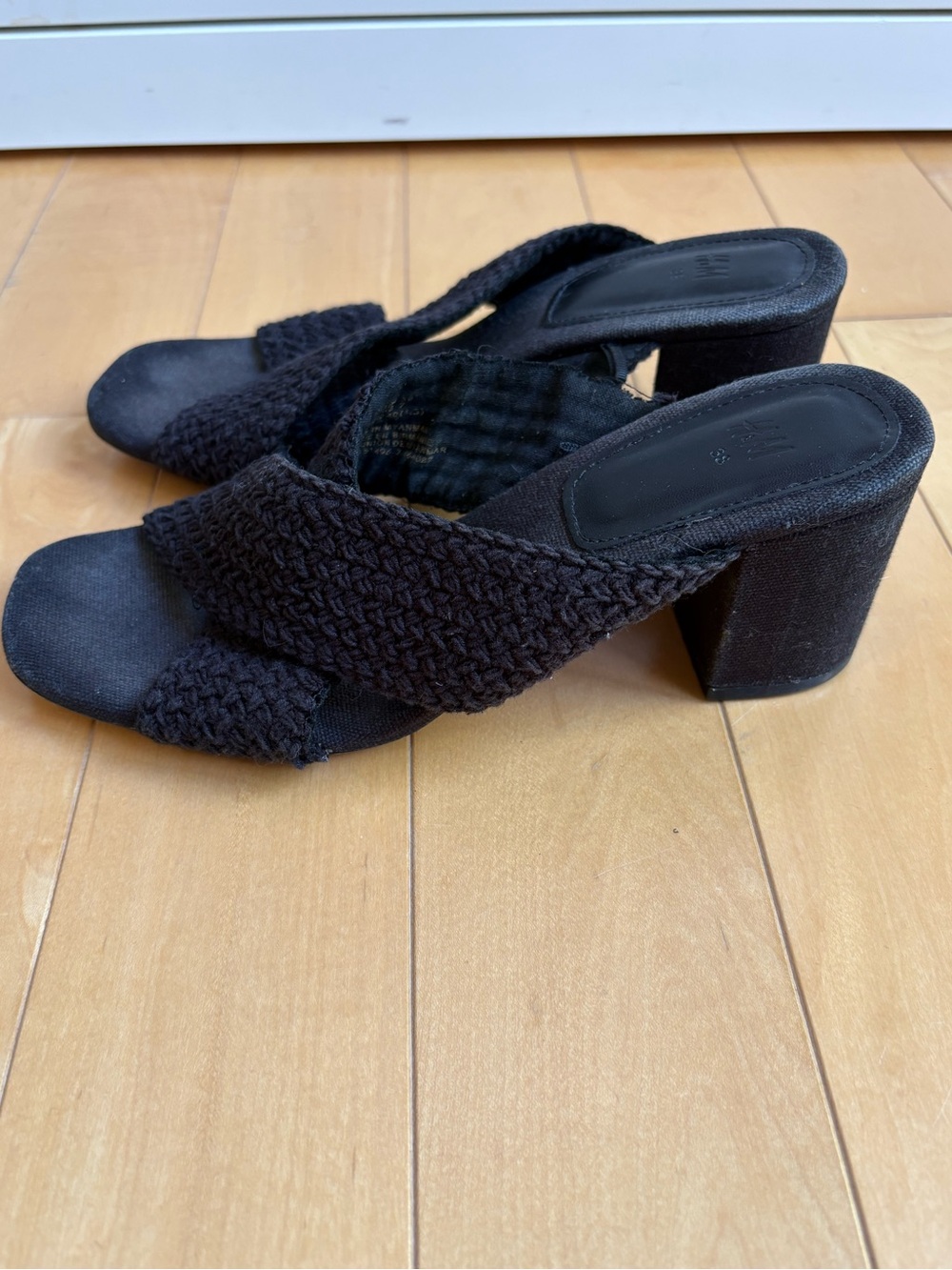 H&M Black Braided Cross-Strap Block Heel Mules